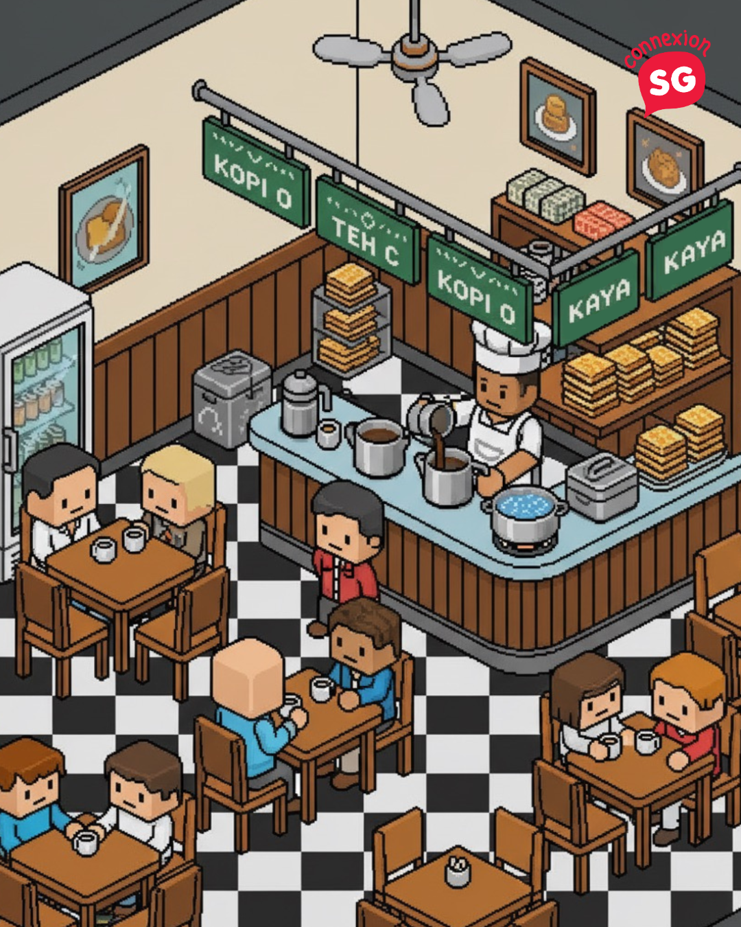 An isometric pixel-art illustration of a Singaporean kopitiam (coffeeshop) with patrons.